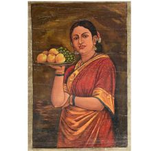 Handmade Multicolored Indian Painting Of a lady Holding A Plate Of Fruits