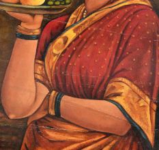 Handmade Multicolored Indian Painting Of a lady Holding A Plate Of Fruits