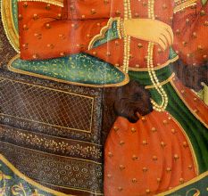Handmade Multi-coloured Painting of Emperor Shah Jahan On lion  Head Throne