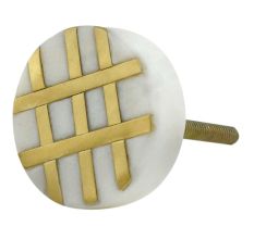 White Round Marble Brass Striped Cabinet knob