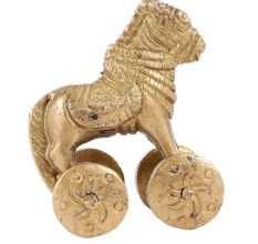 Handmade Golden Brass Hindu Temple Toy Horse Statue On Wheels