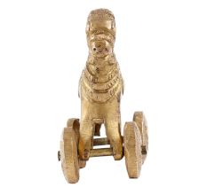 Handmade Golden Brass Hindu Temple Toy Horse Statue On Wheels