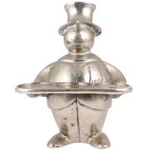 Handmade Silver Brass Fat Man Statue Wearing Hat Holding Long Tray