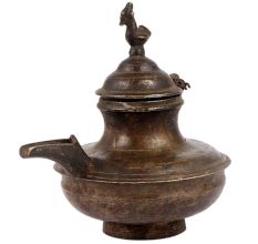 Handmade Brown Brass Oil Pot With Bird Finial Lid