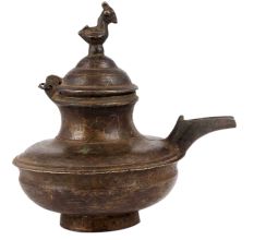 Handmade Brown Brass Oil Pot With Bird Finial Lid