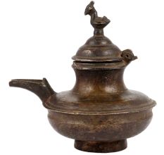 Handmade Brown Brass Oil Pot With Bird Finial Lid