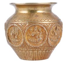 Handcrafted Golden Brass Holy Water Pot Carved With Goddess Laxmi Images
