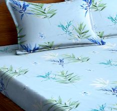 Multicolored Leaves In Turquoise Cotton180 TC Printed Double Bedsheet with Two Pillow Cover