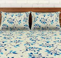 Spaces 104 TC Blue Leaves Cotton Double Bed Sheet with 2 Pillow Covers