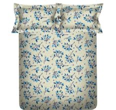 Spaces 104 TC Blue Leaves Cotton Double Bed Sheet with 2 Pillow Covers
