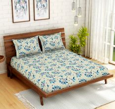 Spaces 104 TC Blue Leaves Cotton Double Bed Sheet with 2 Pillow Covers