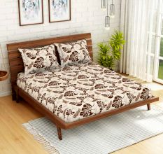 Brown Leaves Spaces 104 TC Cotton Double Bed Sheet with 2 Pillow Covers