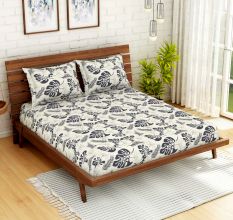 Grey Leaves Spaces 104 TC Cotton Double Bed Sheet with 2 Pillow Covers