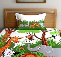 Multi Colored Chic Home Kids Jungle 180 TC Cotton Single Bedsheet with One Pillow Cover