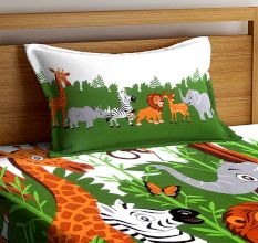 Multi Colored Chic Home Kids Jungle 180 TC Cotton Single Bedsheet with One Pillow Cover