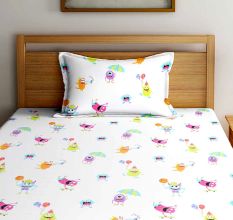 Multicolored Chic Home Kids Cartoon Monsters 180 TC Cotton Single Bedsheet with One Pillow Cover