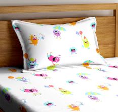 Multicolored Chic Home Kids Cartoon Monsters 180 TC Cotton Single Bedsheet with One Pillow Cover