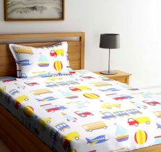Multicolored Chic Home Kids Transport 180 TC Cotton Single Bedsheet with One Pillow Cover