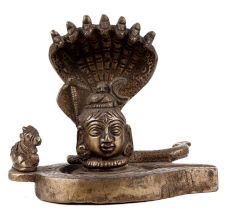 Handmade Blackened Brass Shiva Face On Shivling With Nandi Idol