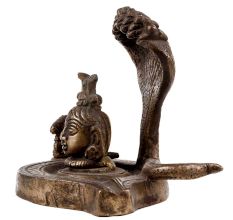 Handmade Blackened Brass Shiva Face On Shivling With Nandi Idol