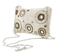 Golden Rings White  Glass Bead And Cotton Bridal Or Party Clutch