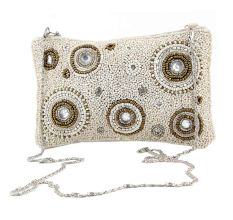Golden Rings White  Glass Bead And Cotton Bridal Or Party Clutch