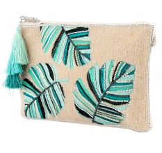 Blue Leaves On White Glass Beads And Cotton Clutch Bag