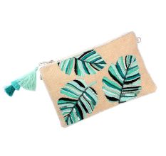 Blue Leaves On White Glass Beads And Cotton Clutch Bag
