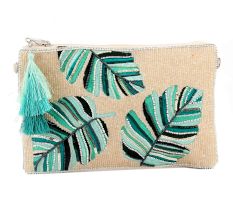 Blue Leaves On White Glass Beads And Cotton Clutch Bag