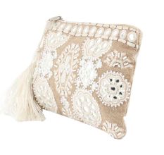 Beige And White Ziptop Embroidered Bag With Tussle