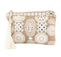 Beige And White Ziptop Embroidered Bag With Tussle