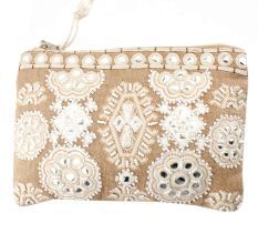 Beige And White Ziptop Embroidered Bag With Tussle