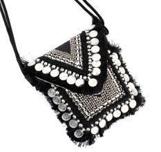 Black And White Heavy Hand Embroidery Foldover Cluch Bag With Coins