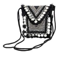 Black And White Heavy Hand Embroidery Foldover Cluch Bag With Coins