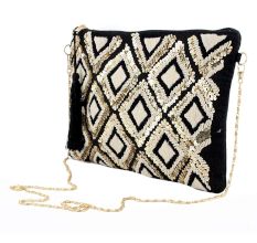 Black And White Ziptop Jacquard Cotton Clutch bag With Tassle