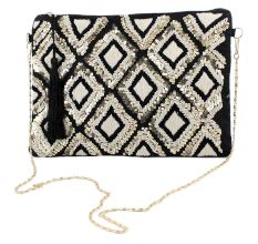 Black And White Ziptop Jacquard Cotton Clutch bag With Tassle