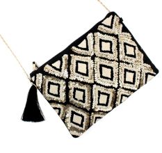 Black And White Ziptop Jacquard Cotton Clutch bag With Tassle