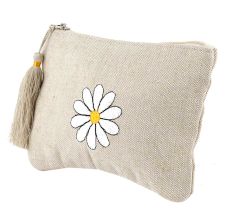White Flower On Beige Emboidered Cotton Zip Top Bag
