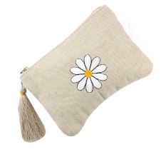 White Flower On Beige Emboidered Cotton Zip Top Bag