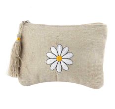 White Flower On Beige Emboidered Cotton Zip Top Bag