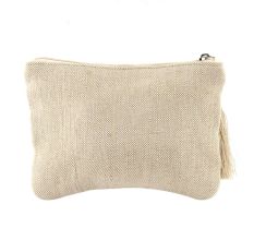 White Flower On Beige Emboidered Cotton Zip Top Bag