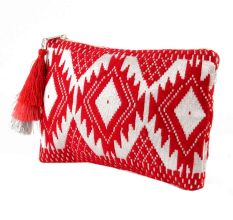 Red And White Jacquard Lurex  Zip Top Clutch Bag