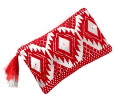Red And White Jacquard Lurex  Zip Top Clutch Bag