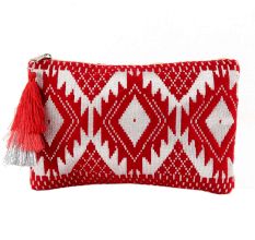 Red And White Jacquard Lurex  Zip Top Clutch Bag