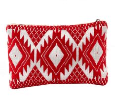 Red And White Jacquard Lurex  Zip Top Clutch Bag