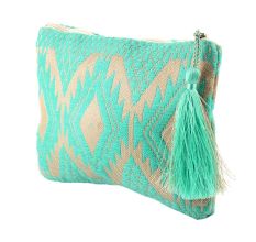 Blue Embroidered ZipTop Jaquard Lurex Zip Top Clutch Bag