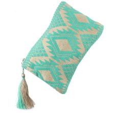 Blue Embroidered ZipTop Jaquard Lurex Zip Top Clutch Bag