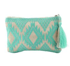 Blue Embroidered ZipTop Jaquard Lurex Zip Top Clutch Bag