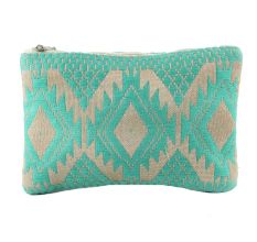 Blue Embroidered ZipTop Jaquard Lurex Zip Top Clutch Bag