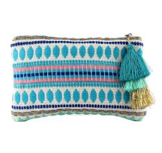 Hand Embroidered Blue ZipTop Jaquard Lurex Zip Top Clutch Bag